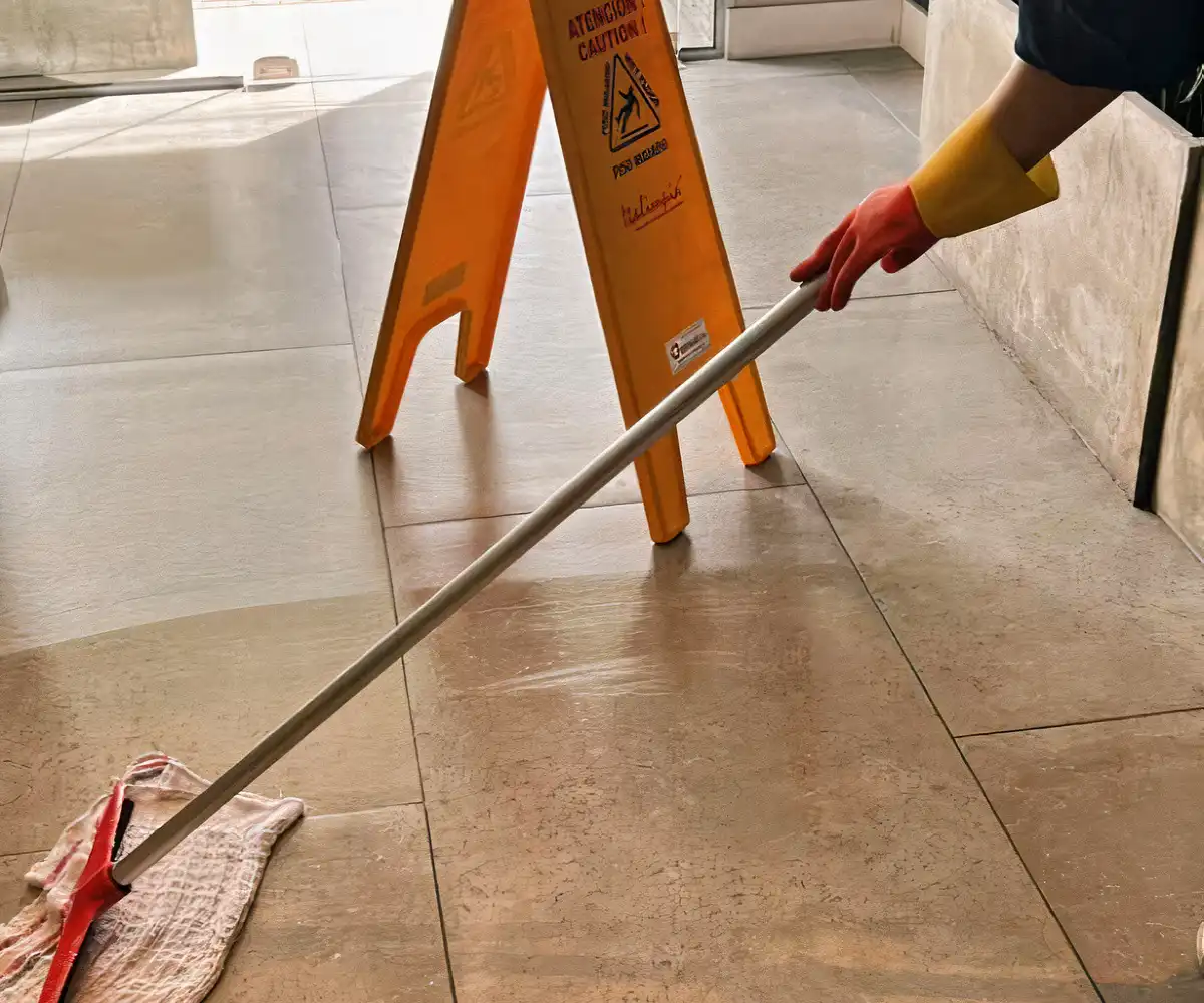 Trabajadora de limpieza lavando el hall de entrada de un edificio